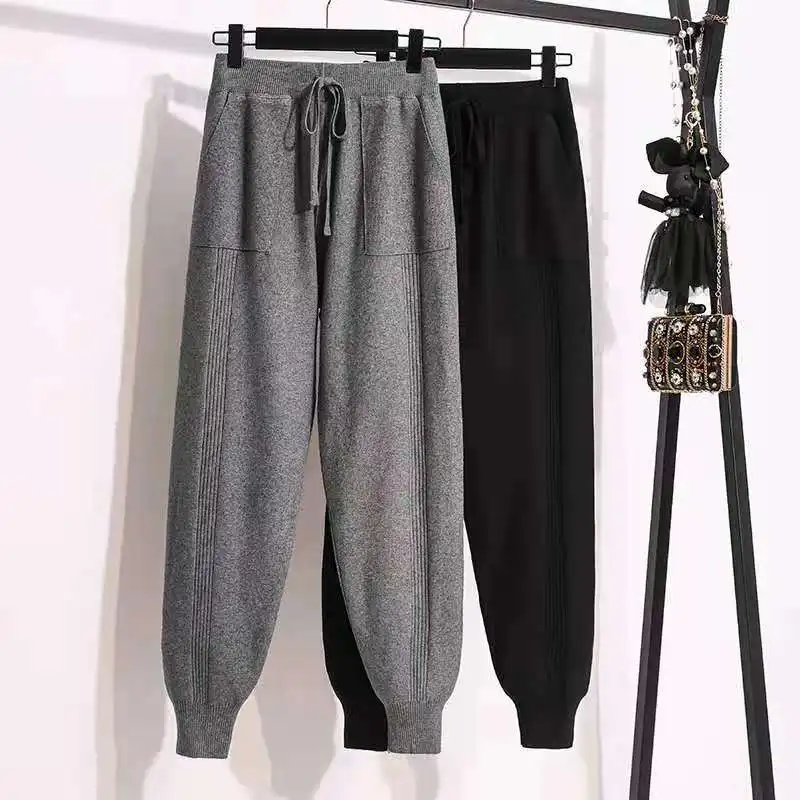 

Loose women elastic waist pull rope pants thick knitted Hareem pants long winter sweatpants sweater carrot knit pants