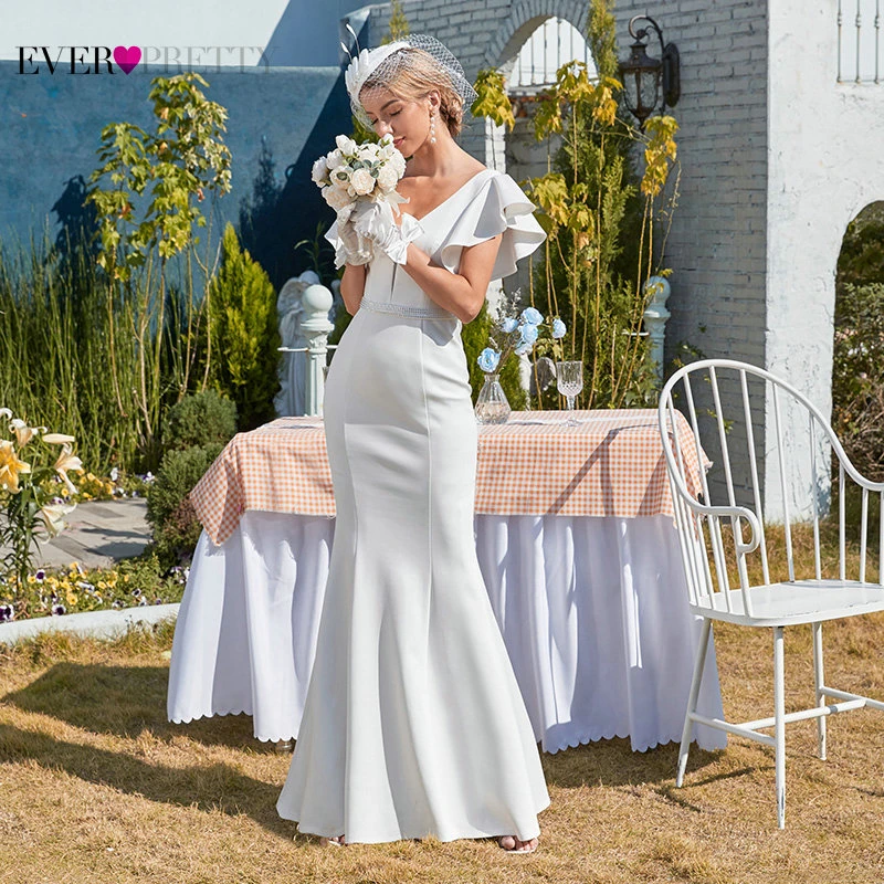 

Satin Wedding Dress For Women Ever Pretty Elegant A Line V Neck Ruffles Beaded Bridal Gown With Sleeve Vestido De Noiva Simples