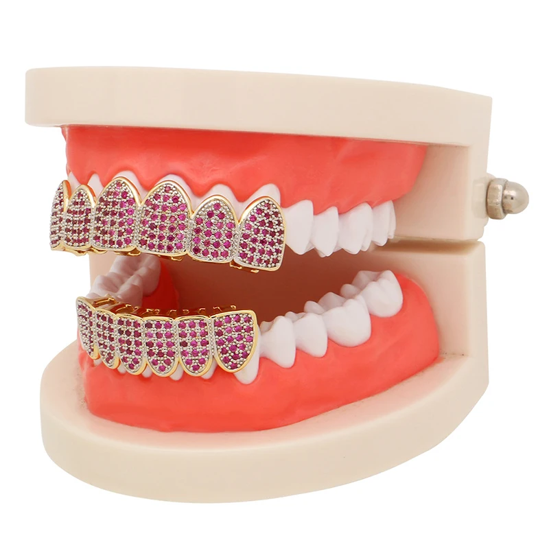Полный льдом из кубического циркония декоративные Зубные коронки розовый цвет