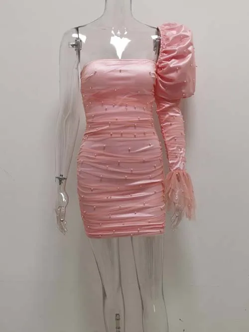 Pink JillPeri для женщин Slash шеи одно плечо Ruched Мини платье Мода Жемчуг сетки с пышными рукавами наряд знаменитости короткое розовое вечернее платье - Цвет: Pink