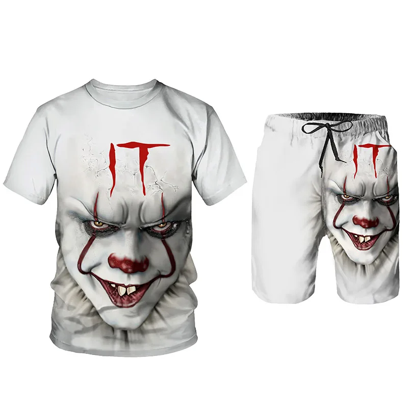 

Men's Sportswear Tracksuit O Neck Short Sleeve Men's Clothing Suit The Demon Clown Summer 3D Printed Men's T-shirt Shorts Set