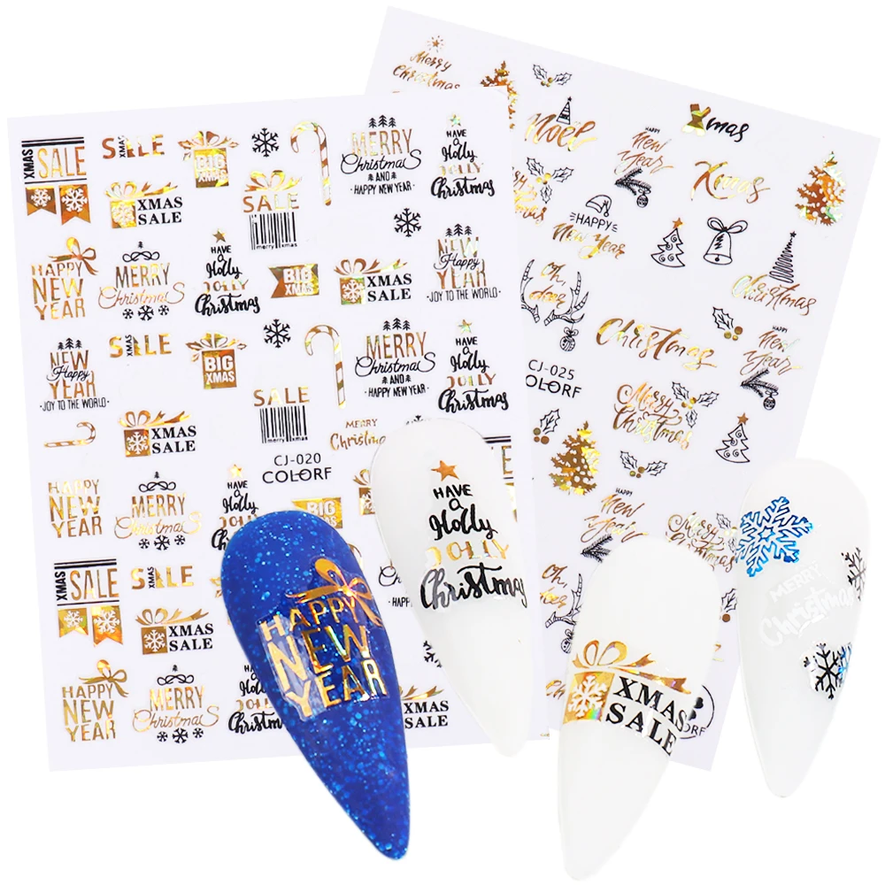 

3D Holographic Merry Christmas Nail Stickers Snowflakes Snowman Deer Santa Laser Gold Sliders New Year Nail Decals GLCJ019-027