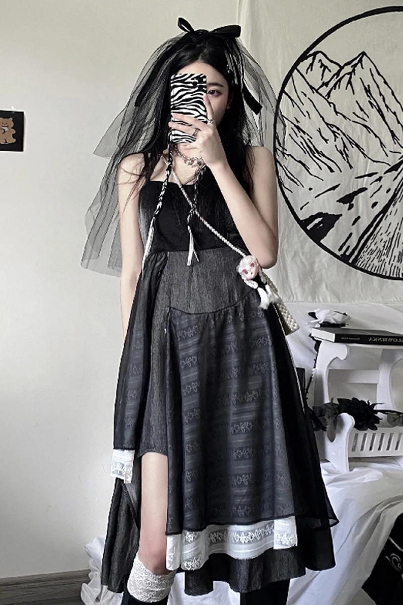 

Sannian Women Dress Spring And Summer 2021 New Irregular Suspenders Dresses Dark Black Spell Receive Waist Dress Female Clothes