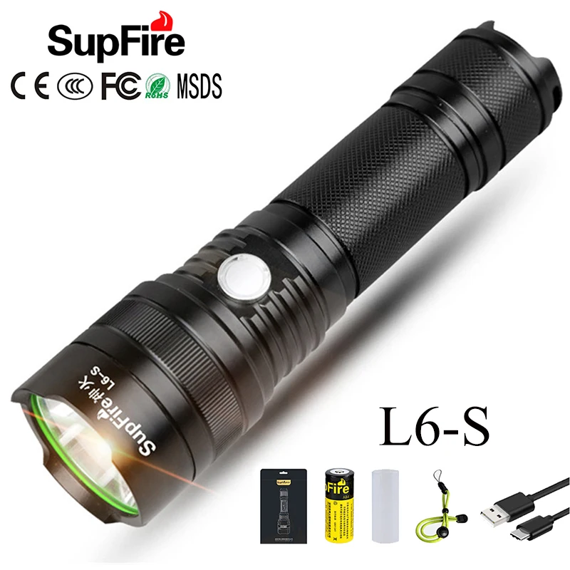SupFire светодиодный светильник-вспышка, USB фонарь 26650, светильник-вспышка, L6-S, полицейский, светодиодный, мощный, CREE T6, дальность действия, 3000лм, лампа для кемпинга