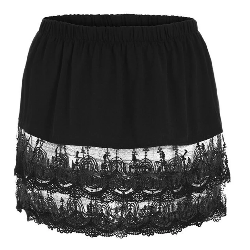 

40GC Women Solid Elastic Waist Layered Tiered Sheer Lace Trim Extender Mini Skirt