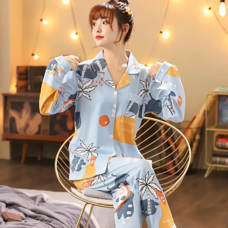 

Spring Autumn Pajamas Ladies Thin Long-Sleeved Trousers Pijamas 2 Piece 2021 New Milk Silk Print Sleepwear Casual Home Clothes