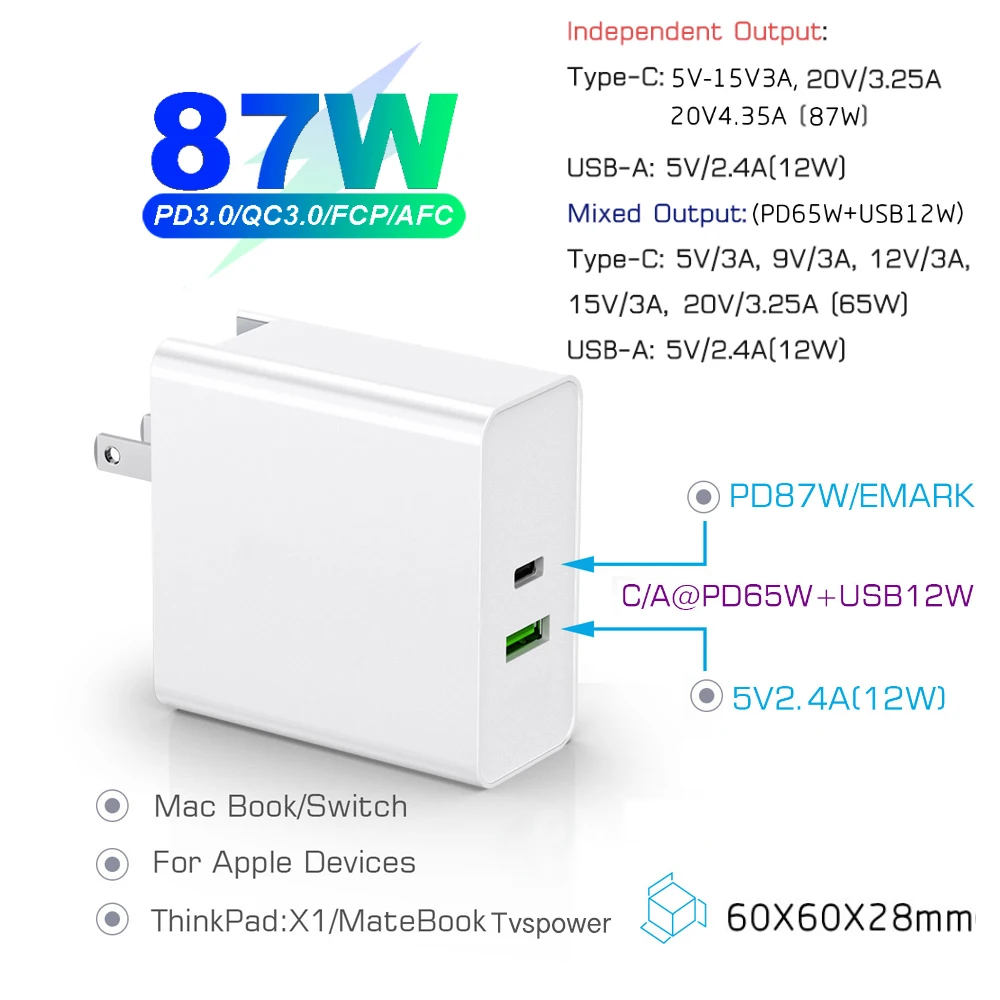 Адаптер зарядного устройства PD 87 Вт 20 в 4 25 А для ноутбука Wacom MobileStudio Pro 65 MacBook Air