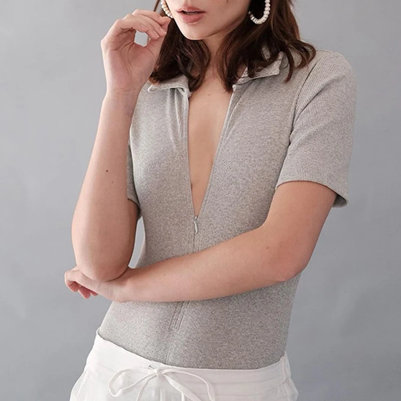 

ONEINALL White Sexy Jumpsuit For Women Lapel Collar Short Sleeve Zipper Solid Jumpsuits Female Summer Clothing 2021 Fashion Tide