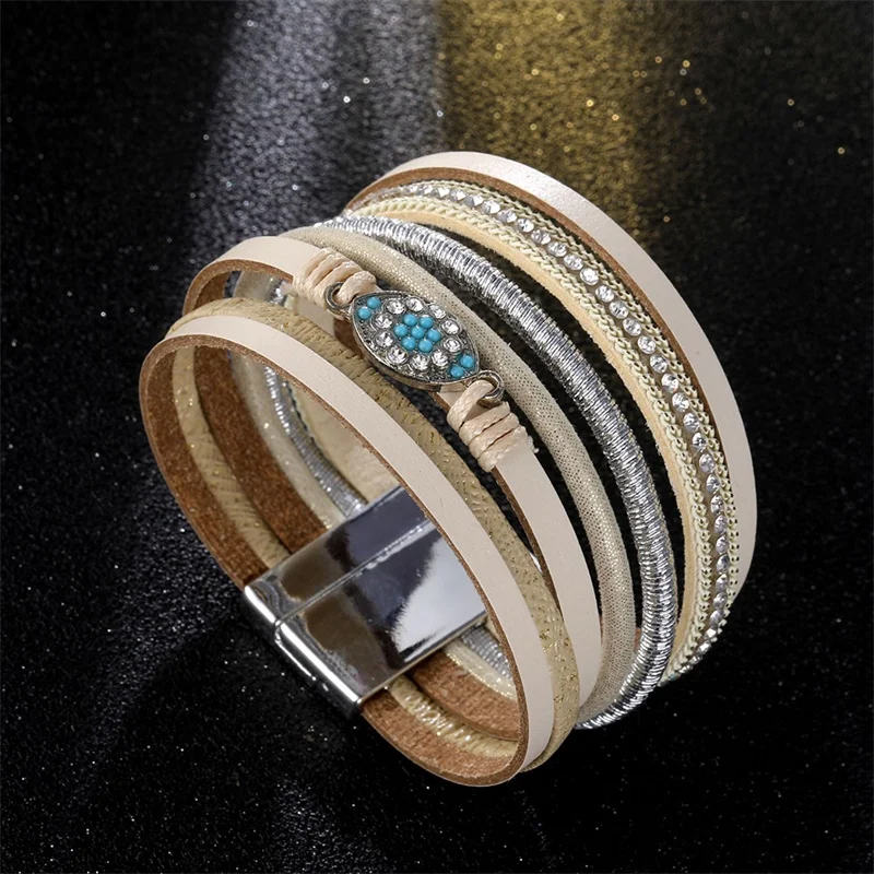 Многослойный кожаный браслет в стиле бохо Плетеный Браслет-манжета Кристальные