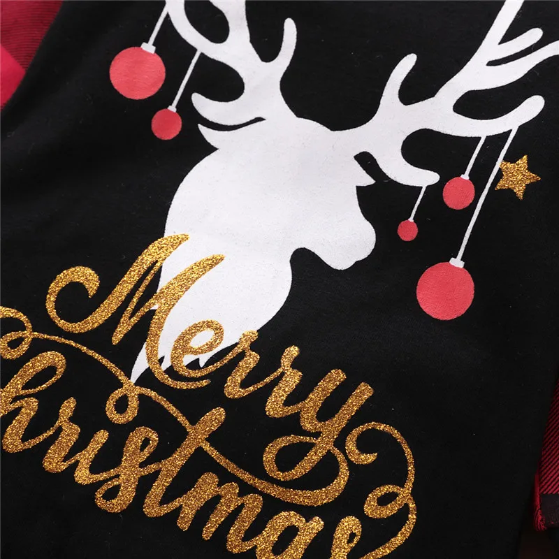

Newborn Baby Boy Girl Long Sleeve Christmas Jumpsuit Elk Letter Print Stitching Rompers Red Plaids Sleeve Cartoon Outfit