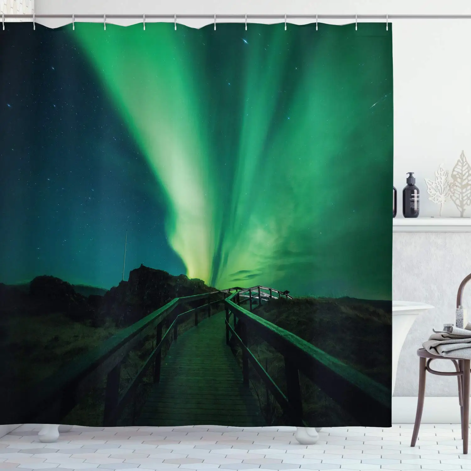 

Aurora Borealis Shower Curtain Atmosphere Solar Starry Sky Calming Night Waterproof Cloth Fabric Bathroom Decor Set With Hooks
