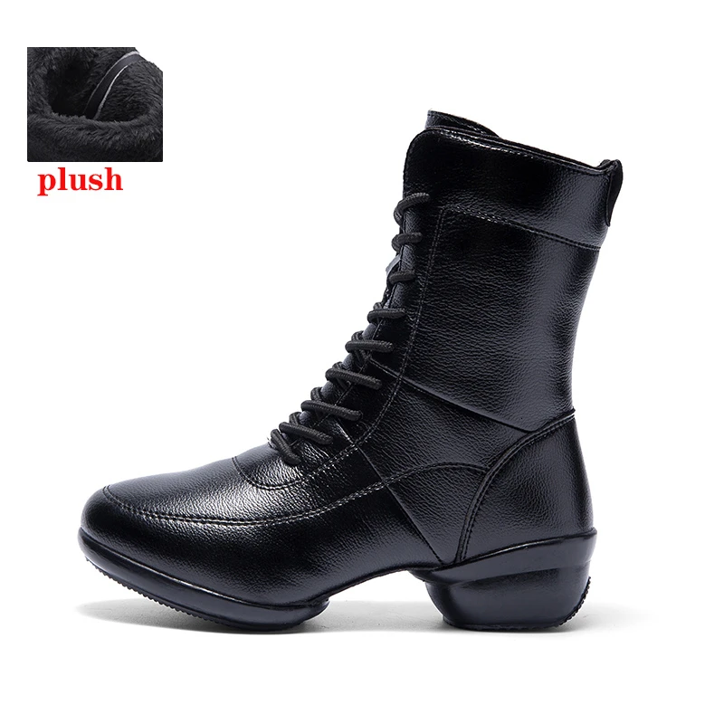 plush black Женские зимние сапоги из натуральной коровьей кожи, сохраняющие тепло, на платформе с Плюшевым Мехом, нескользящий прочный черный цвет, женская обувь на шнуровке - Цвет: plush black