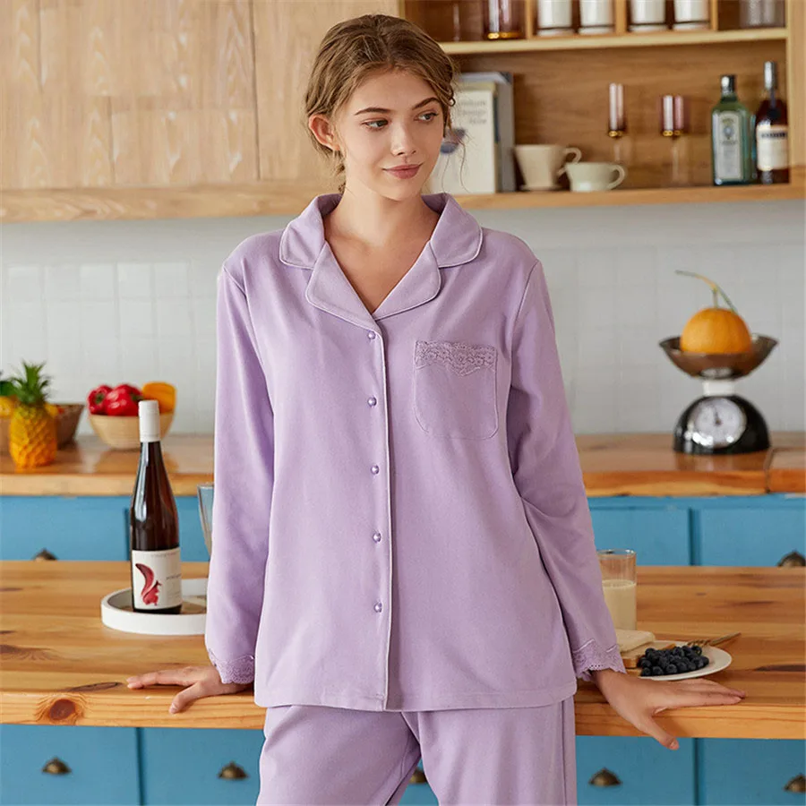 

Sweet Lace Stitching Lovely Pajamas Women Autumn Winter New Long Sleeve Cardigan Female Fleece Home Clothes Two Piece Suit