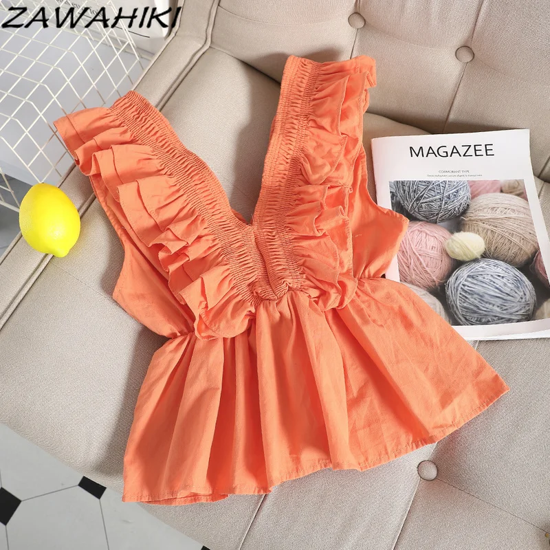 

ZAWAHIKI Korean Fashion Women's Shirt Summer 2021 V Neck Sleeveless Ruffles Solid Tops Slim Body Short Blouse
