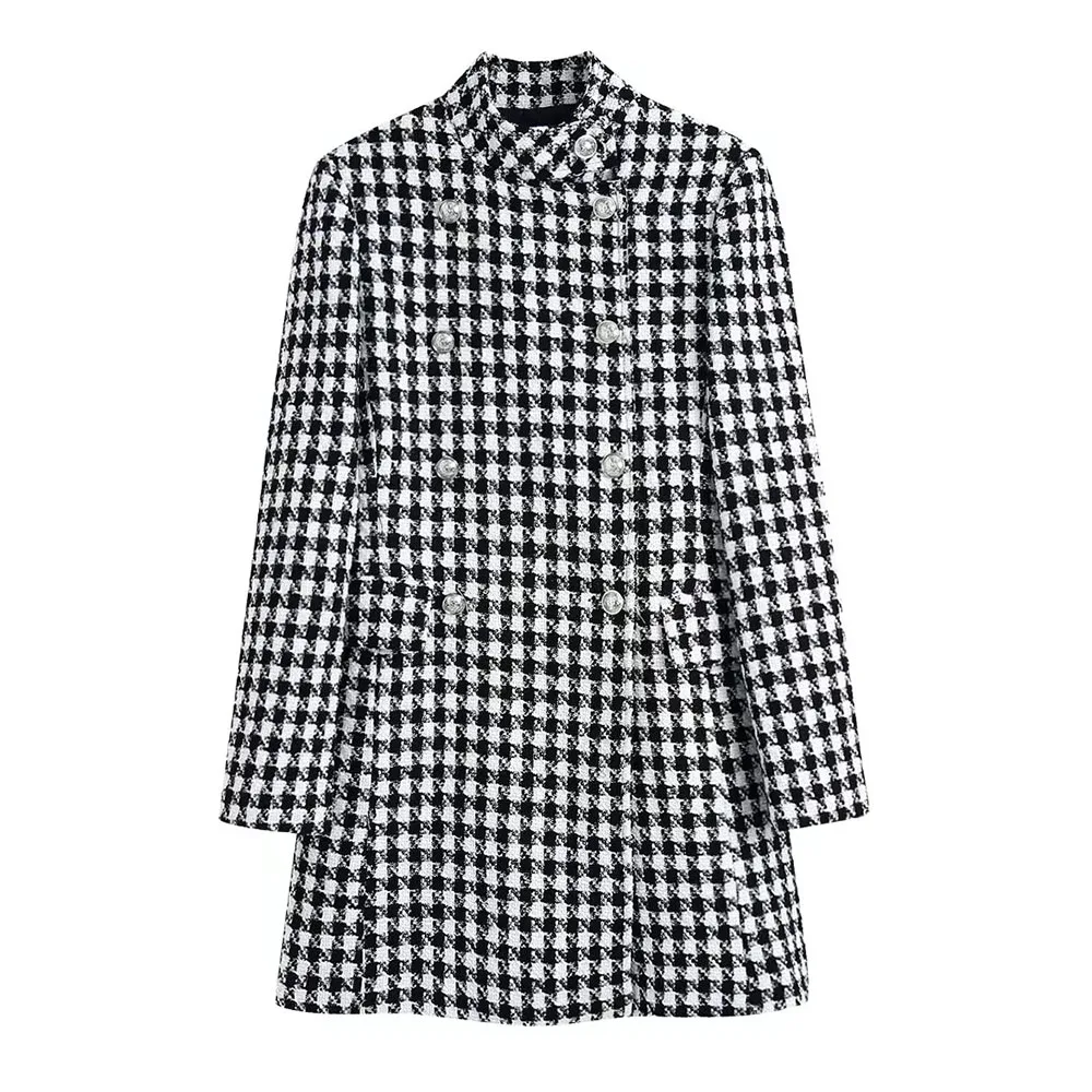 

BBWM 2021 Women Autumn Office Lady Houndstooth Long Sleeve Suit Female Vintage Streetwear Double Breasted Blazer Casual Midi Top