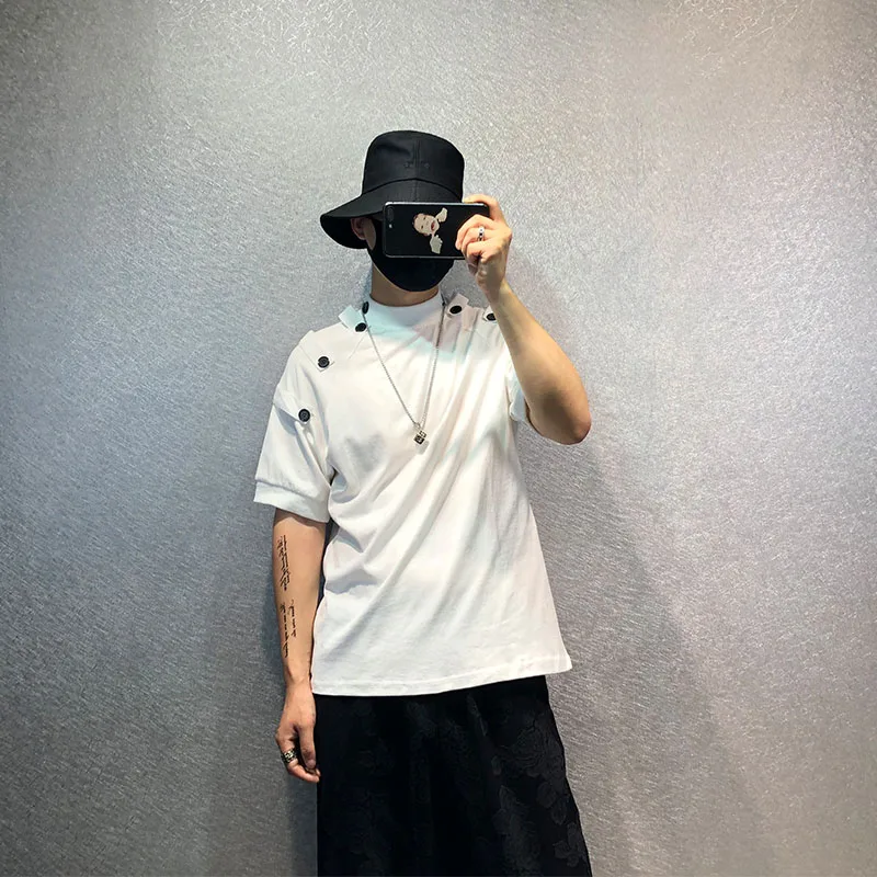 

S-4XL stitching locomotive handsome stand-up collar loose t-shirt men's dark solid color high street cotton Half high collar Big