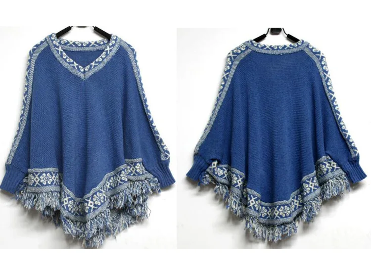 

Women's Autumn and Winter Wear New Tassel Shawl Cloak V-neck Loose Knit Sweater Coat Sweater