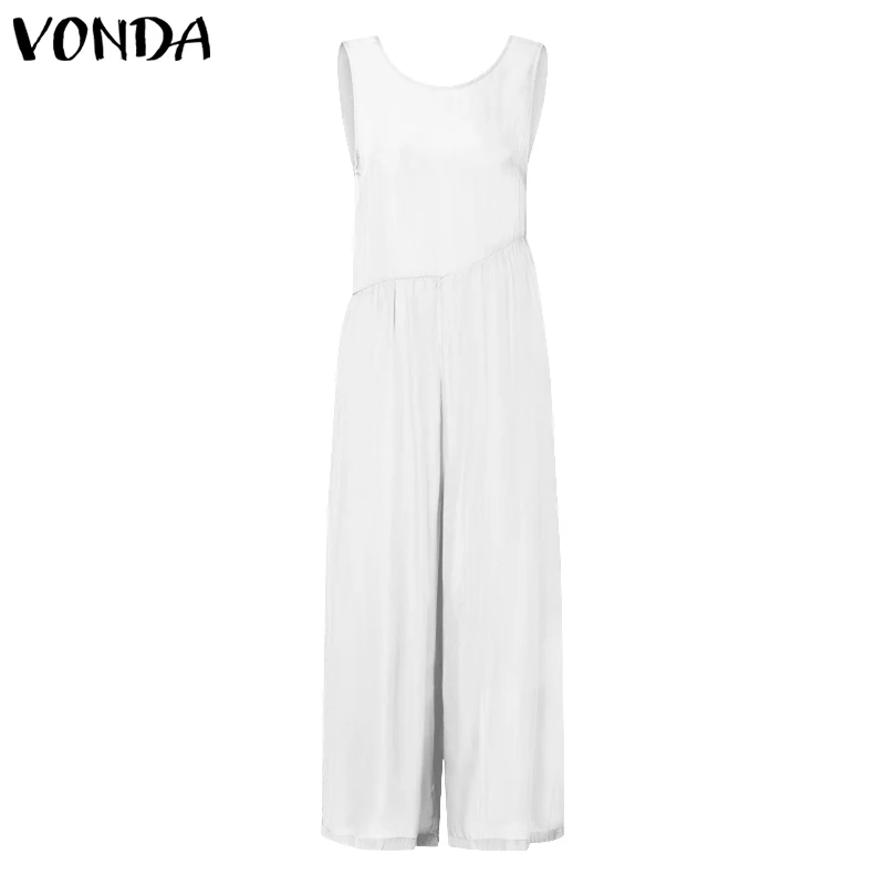 Женские комбинезоны VONDA, летние сексуальные однотонные Свободные Комбинезоны без рукавов, повседневные широкие длинные штаны, брюки