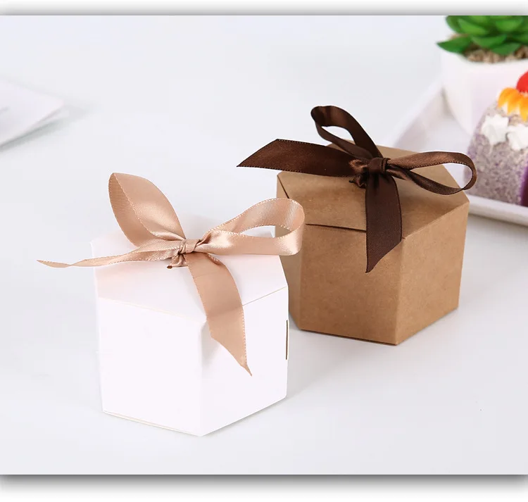 

10PCS hexagonal kraft paper packaging boxes, pastry, candy, biscuit box with ribbon, wedding party gift packaging box