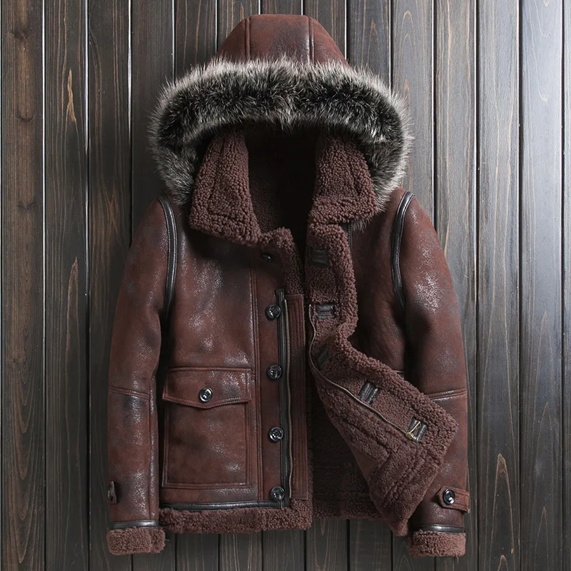 

Real Men Shearling Leather Short Hooded Jacket Biker Natural Fur Hat Detachable Outerwear Winter Safari Style Warm Wool Coat