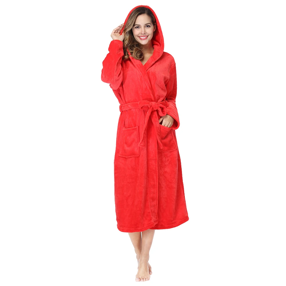 Красные Флисовые женские халаты RONGTAI банные с капюшоном | Женская одежда
