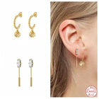 GS 925 стерлингового серебра Длинные Pin Форма квадратный циркон, серьги со шпилькой, для женщин, маленький круглый диск бусины-подвески для круг стержня уха