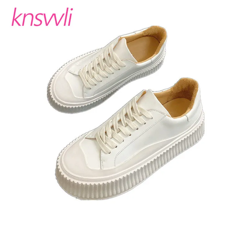 

Кроссовки женские из натуральной кожи, толстая подошва, круглый носок, на шнуровке, повседневная обувь на платформе, беговые