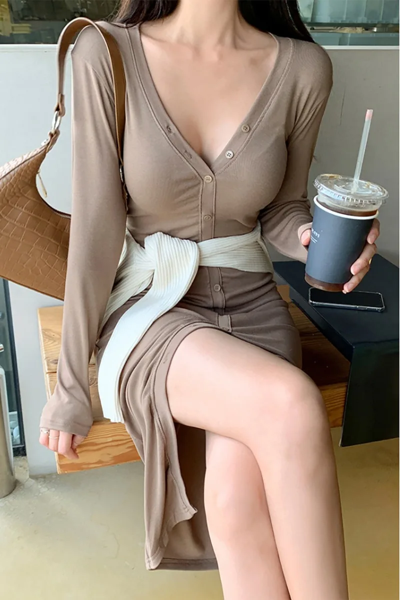 

New Sexy Long Sleeve Dresses Summer Korean High Waist Casual Comfortable Fashion Dress V-neck Knitted Top Solid Color