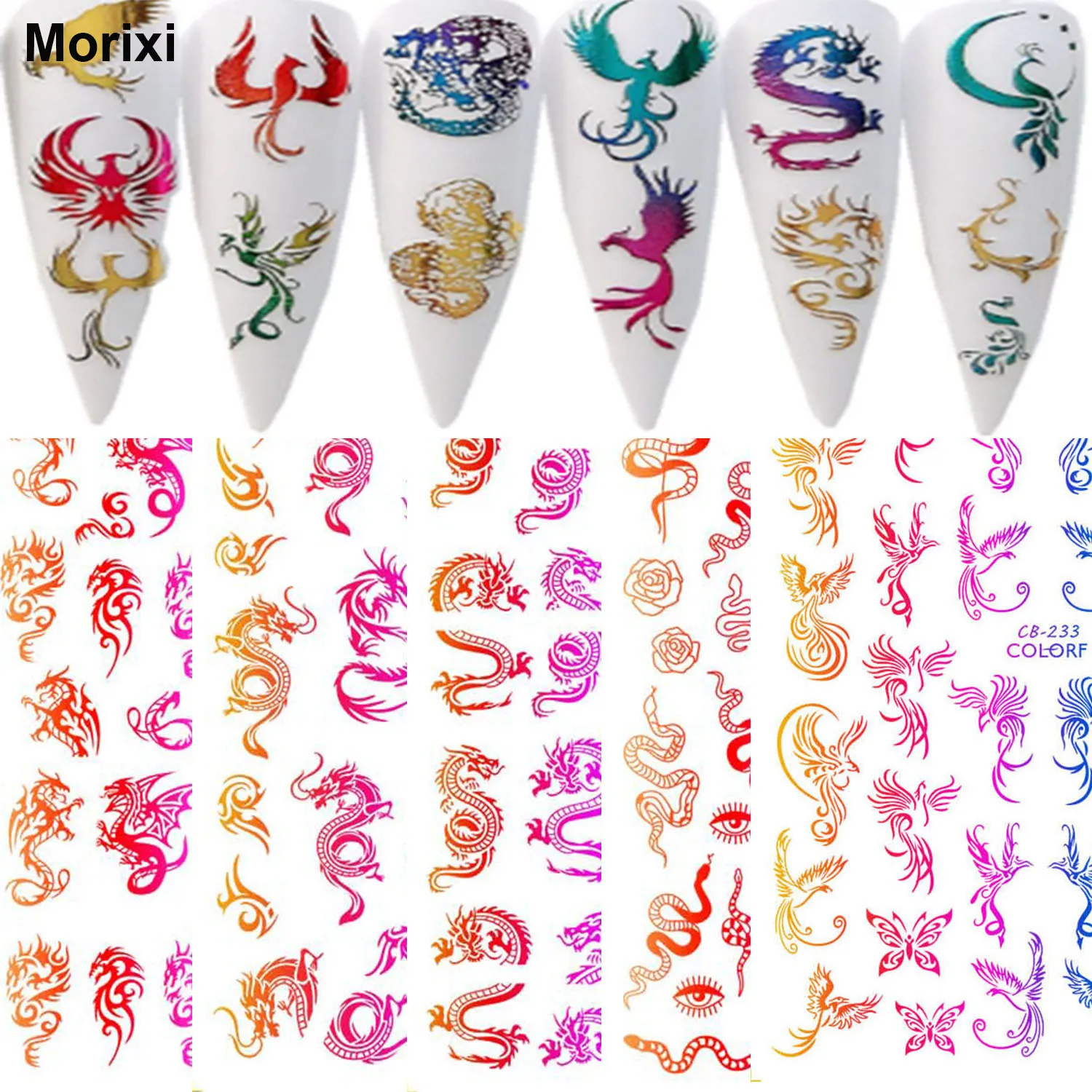 

Morixi nail art sticker gradient rainbow colors dargon birds printing 3D manicure decoration self glue nail decals WG067
