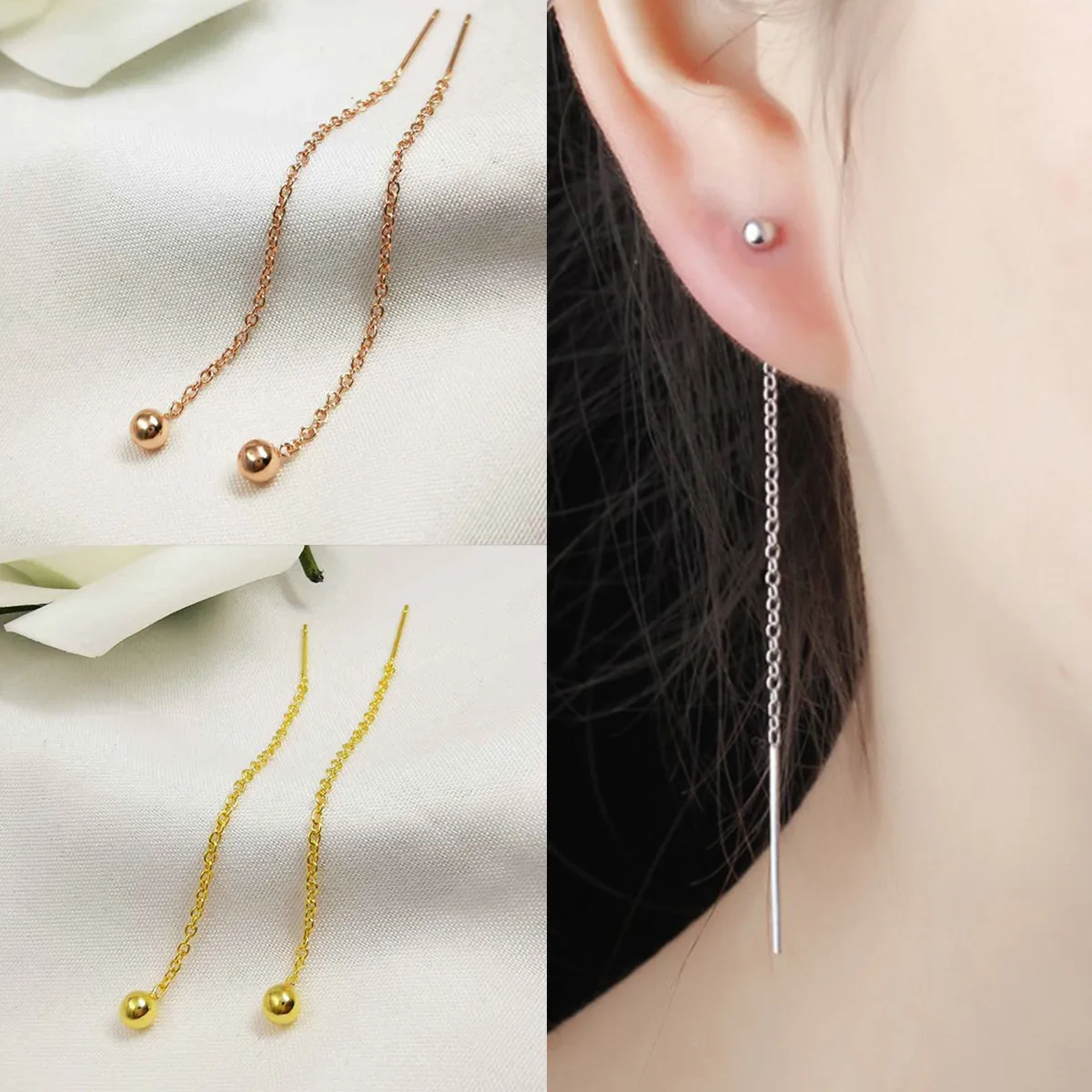

Women Fashion Silver Threader Long Drop Dangle Chain Link Stud Charm Earrings