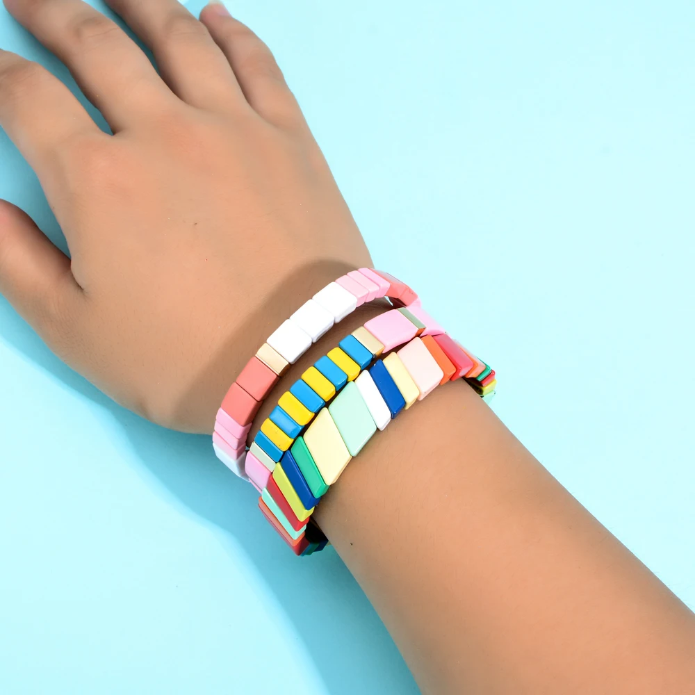 Новая мода эмаль бусины цвета радуги браслет геометрические прямоугольные яркие