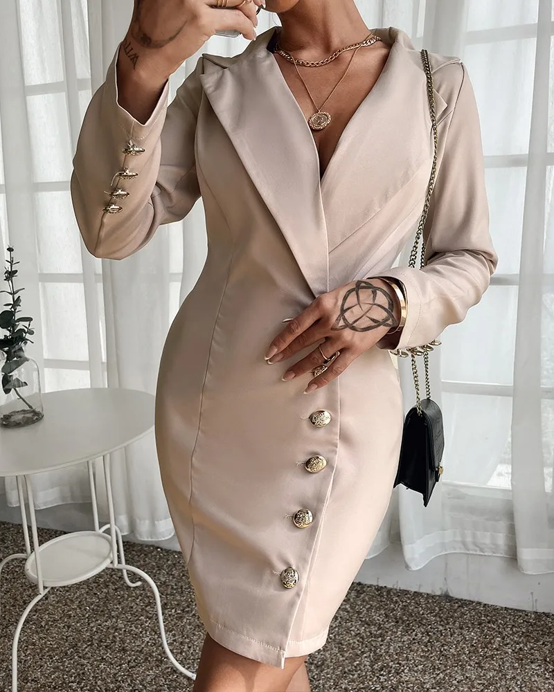 

Short Dress For Women Button Design Long Sleeve Skinny Work Dress
