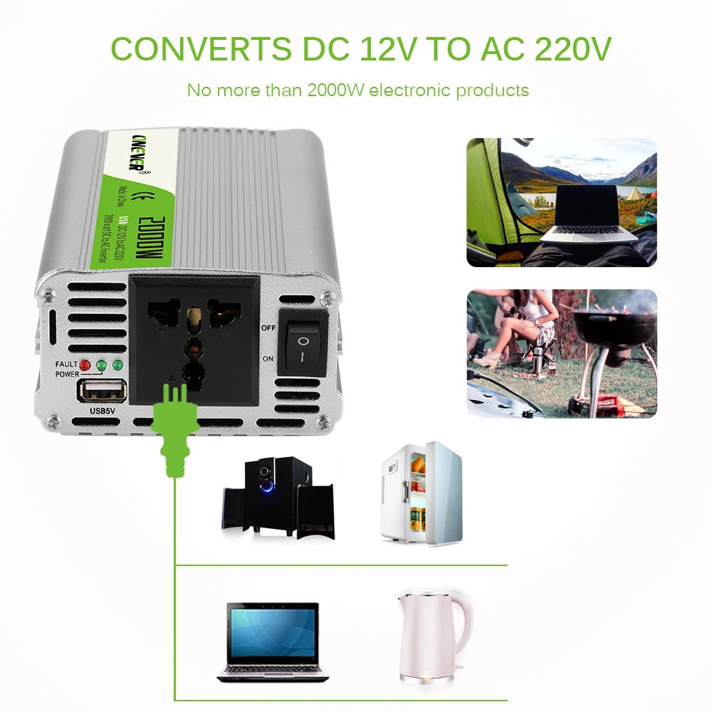 

2000W Car Power Inverter Converter DC 12V to AC 220V Modified Sine Wave Power with AC Outlets and 2.1A USB Charger