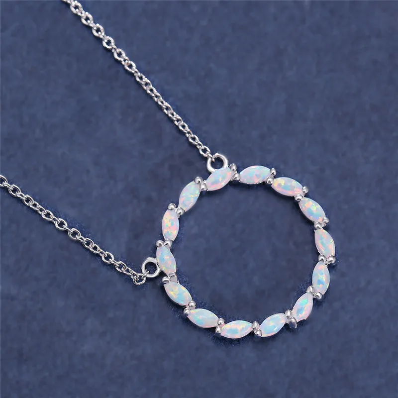 

Simple Female Blue White Opal Pendant Necklace Gold Silver Color Chain Necklaces For Women Charm Hollow Round Wedding Necklace