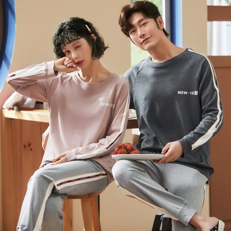 

Autumn Winter Couple Pajamas Simple Gray Cotton Splicing Round Neck Long Sleeve Woman Sleepwear Loose Comfort Home Clothes Men's