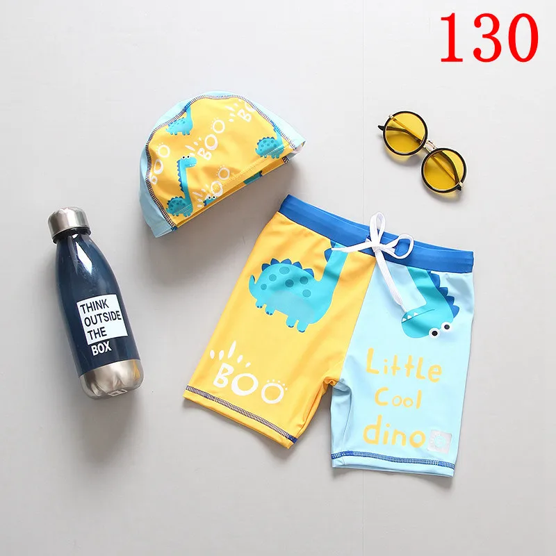 SIZE 130 Пляжные шорты для мальчиков с шапочкой, купальный костюм с динозавром из мультфильма Трусики для плавания детские плавки детская одежда для купания для маленьких мальчиков - Цвет: SIZE 130