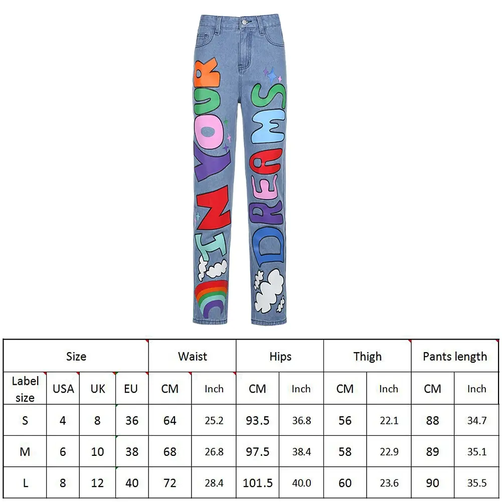 

Autumn Women Y2K Vintage Letter Print High Waist Jeans Fashion Streetwear Cargo Rainbow Straight Funny Pants Aesthetic Trousers