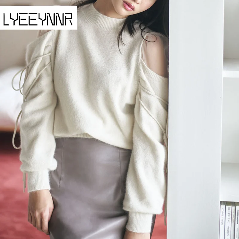 

Bandage Off Shoulder Pullovers O-neck Long Sleeve Sweet Sweater Women Office Lady Solid Color Autumn Winter New Arrival Jumpers