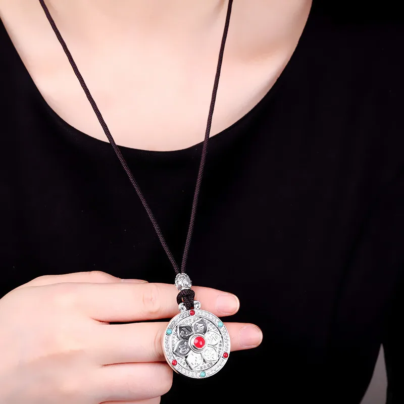 Будда мантра вращающийся Веревка ожерелье кулон S999 Стерлинговое Серебро модный
