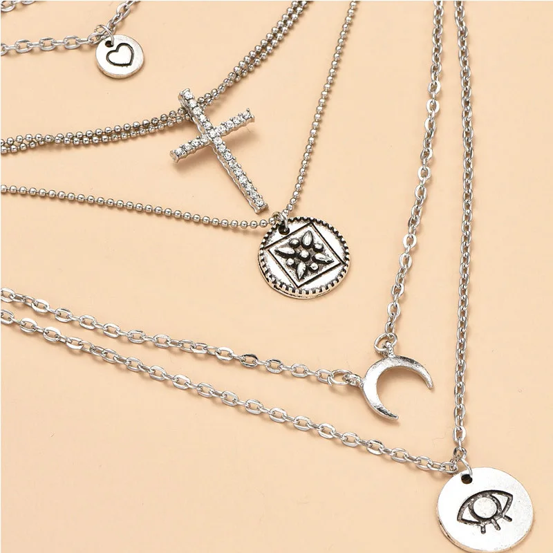 Ожерелье женское серебристое с кулоном в виде сердца Креста хрусталя Луны резных