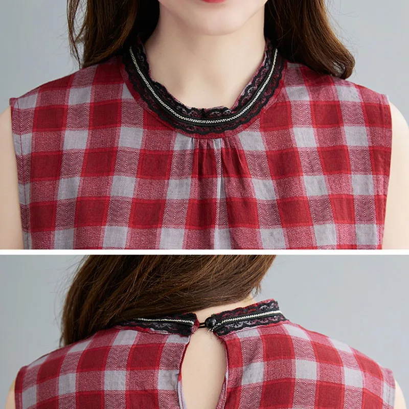 

Women Summer Cotton Linen Long Dress New Arrival 2021 Vintage Style Plaid Print Loose Female Sleeveless Casual Dresses S3757