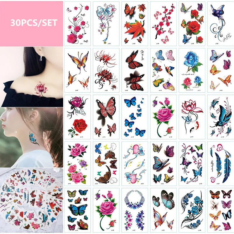 30pcs  Women Temporary Tattoo Sticker Butterfly Flower Feather Lotus 3d Fake Tatoo Body Hands Arm Leg Tatouage Temporaire Femme