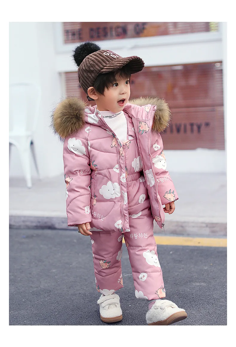 Winter children's down suit Girls pink snow suit Boy ski down suit Baby windproof down jacket+ thick Keep warm down pants
