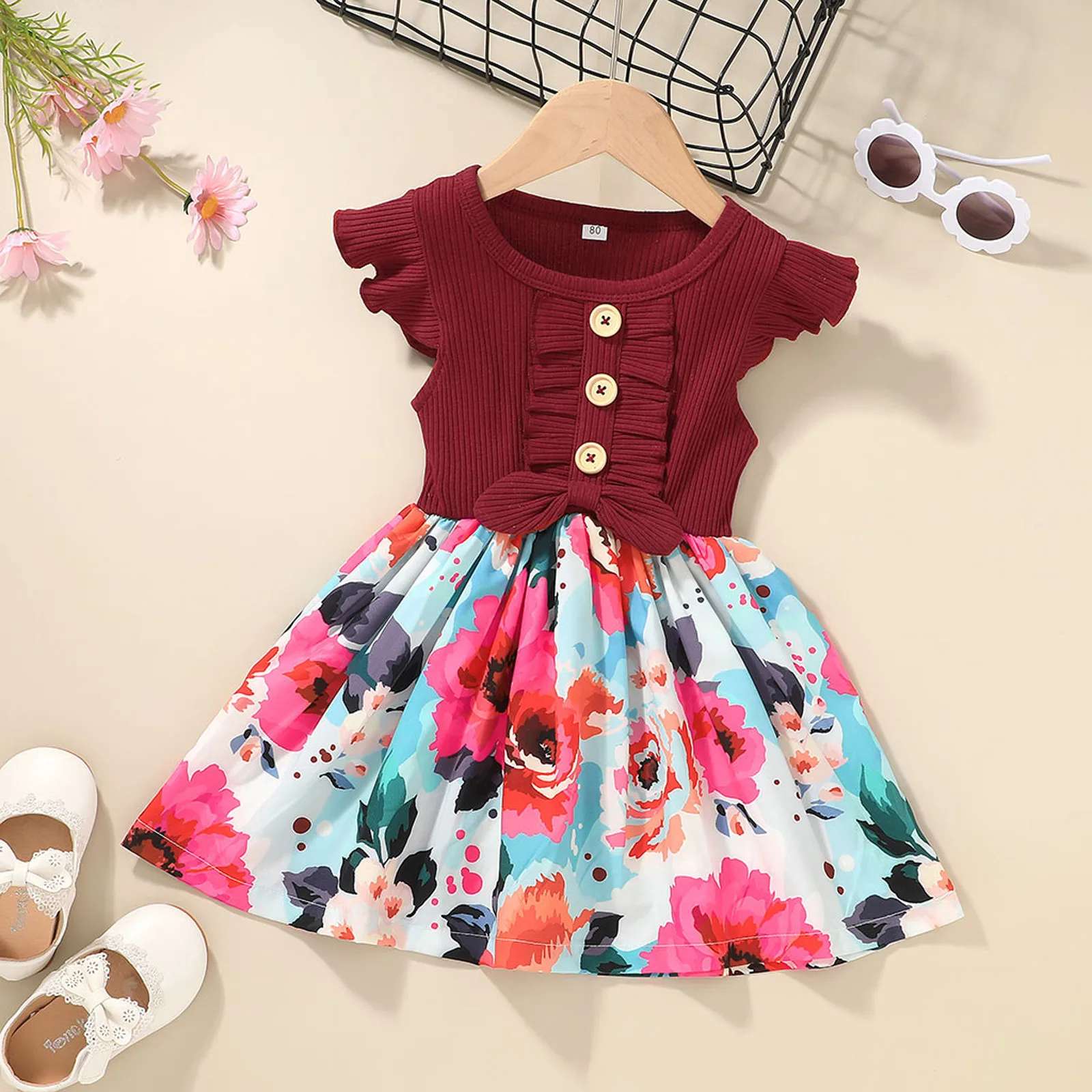 

2021 New Pudcoco Dress Summer 1-5Years Baby Girls Bowknot Floral Print Ruffles Sleeve Patchwork Length A-Line Sundress