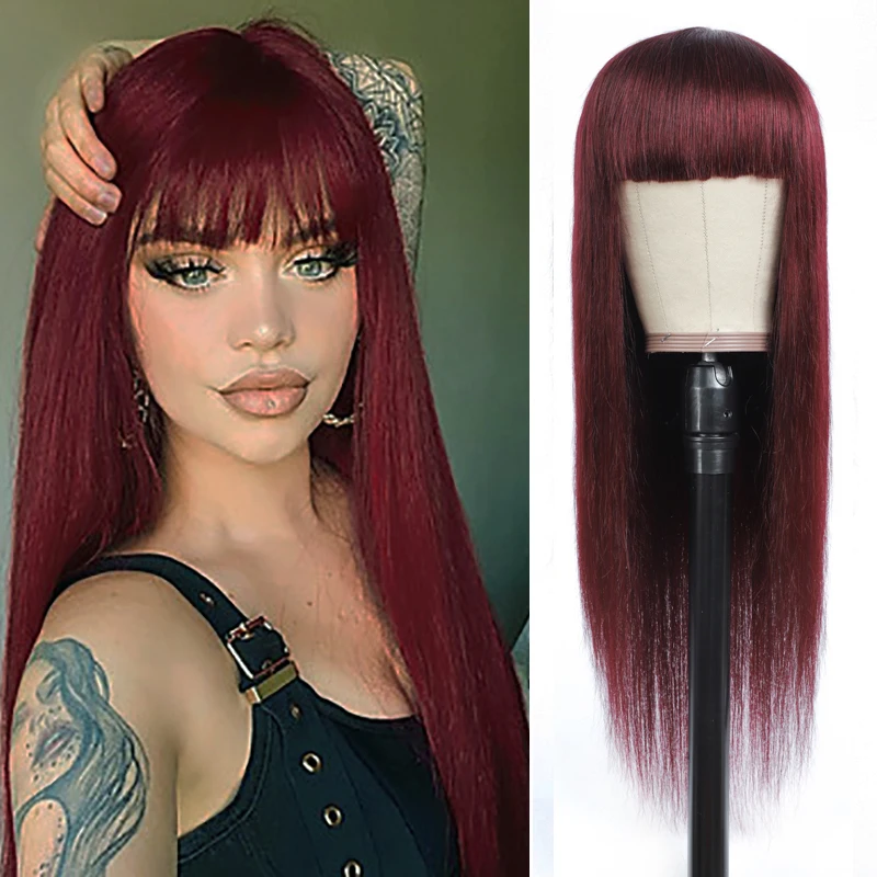 Парик из человеческих волос с челкой прямые цветные волосы 99J бордовые красные