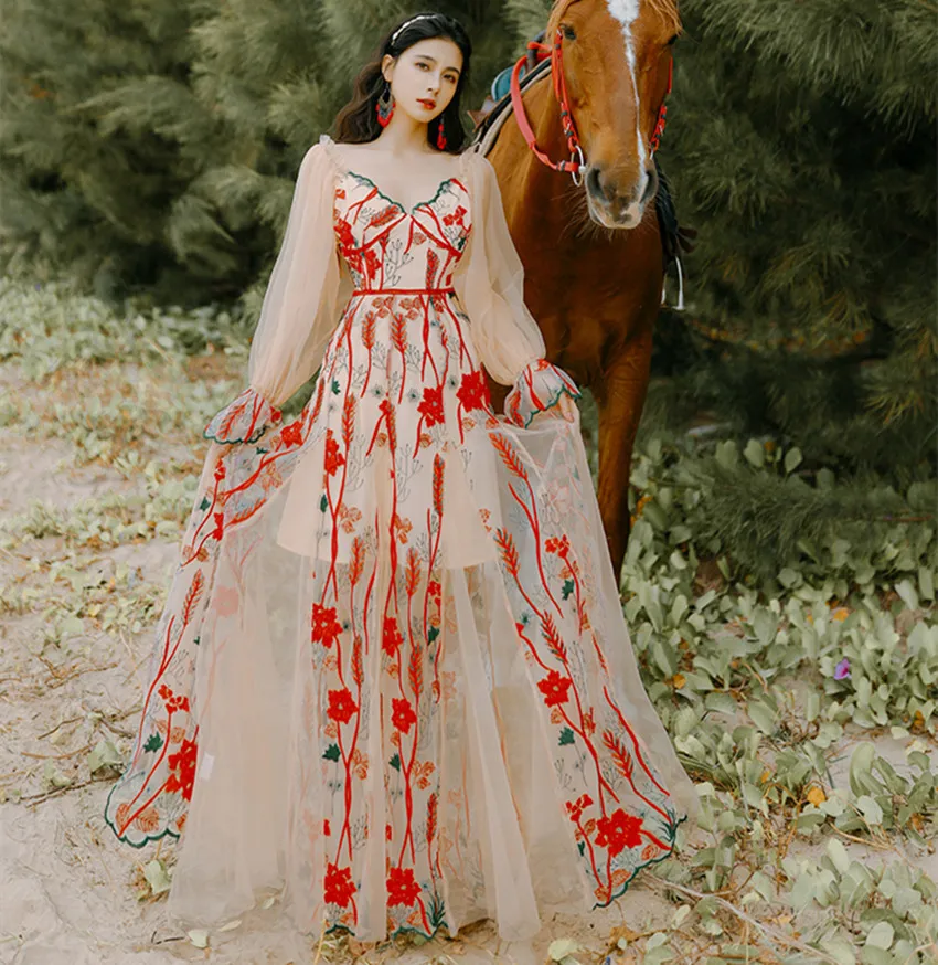

JSXDHK 2021 New Spring Holiday Boho Maxi Dress Elegant Women V Neck Mesh Floral Embroidery Flare Sleeve Vintage Beach Long Dress