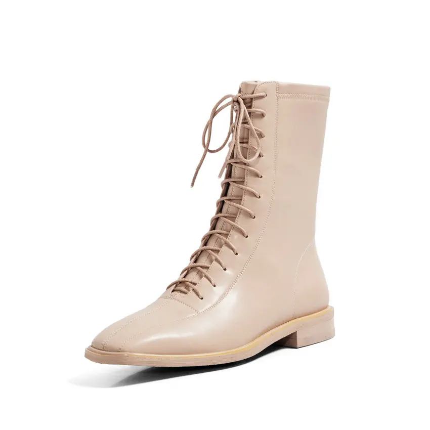 ESVEVA 2021 Lace Up Square Heel Leather+PU All Match Ankle Boots Platform Women Toe Shoes Size 34-39 | Обувь