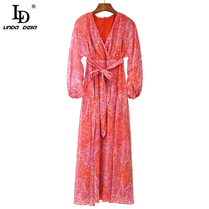 

LD LINDA DELLA 2021 Summer New Fashion Runway Designer Dress Women Lantern Sleeve V-neck Belt Floral print Vacation Midi Dress