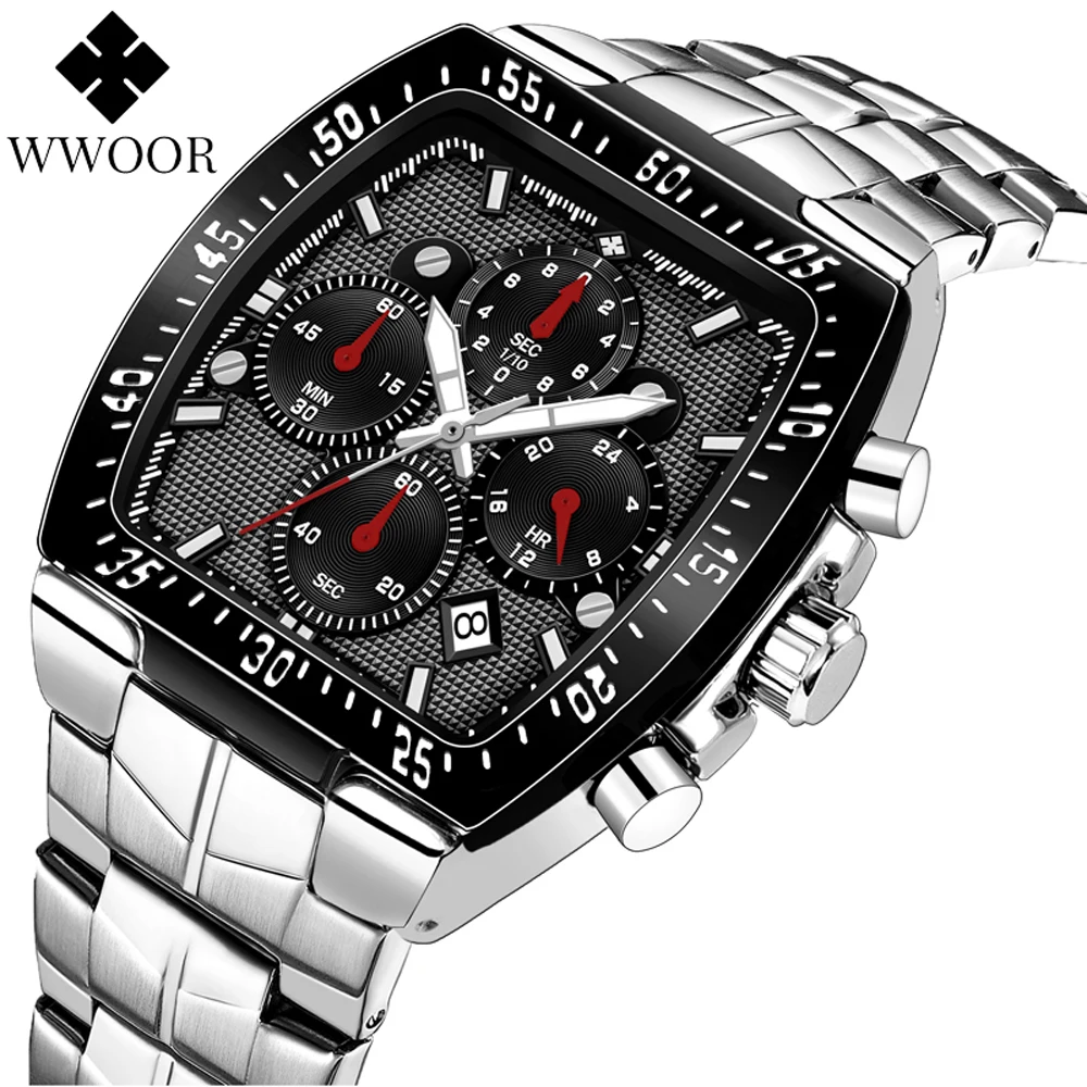 

WWOOR Mens Chronograph Watches Top Brand Luxury Black Sports Clock Fashion Military Square Quartz Steel Wrist Watch Reloj Hombre