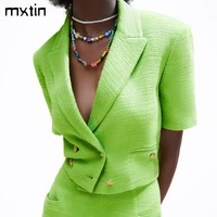 mxtin 2021 women summer vintage double breasted solid short jacket coat fashion lapel collar short sleeve outerwear casual tops